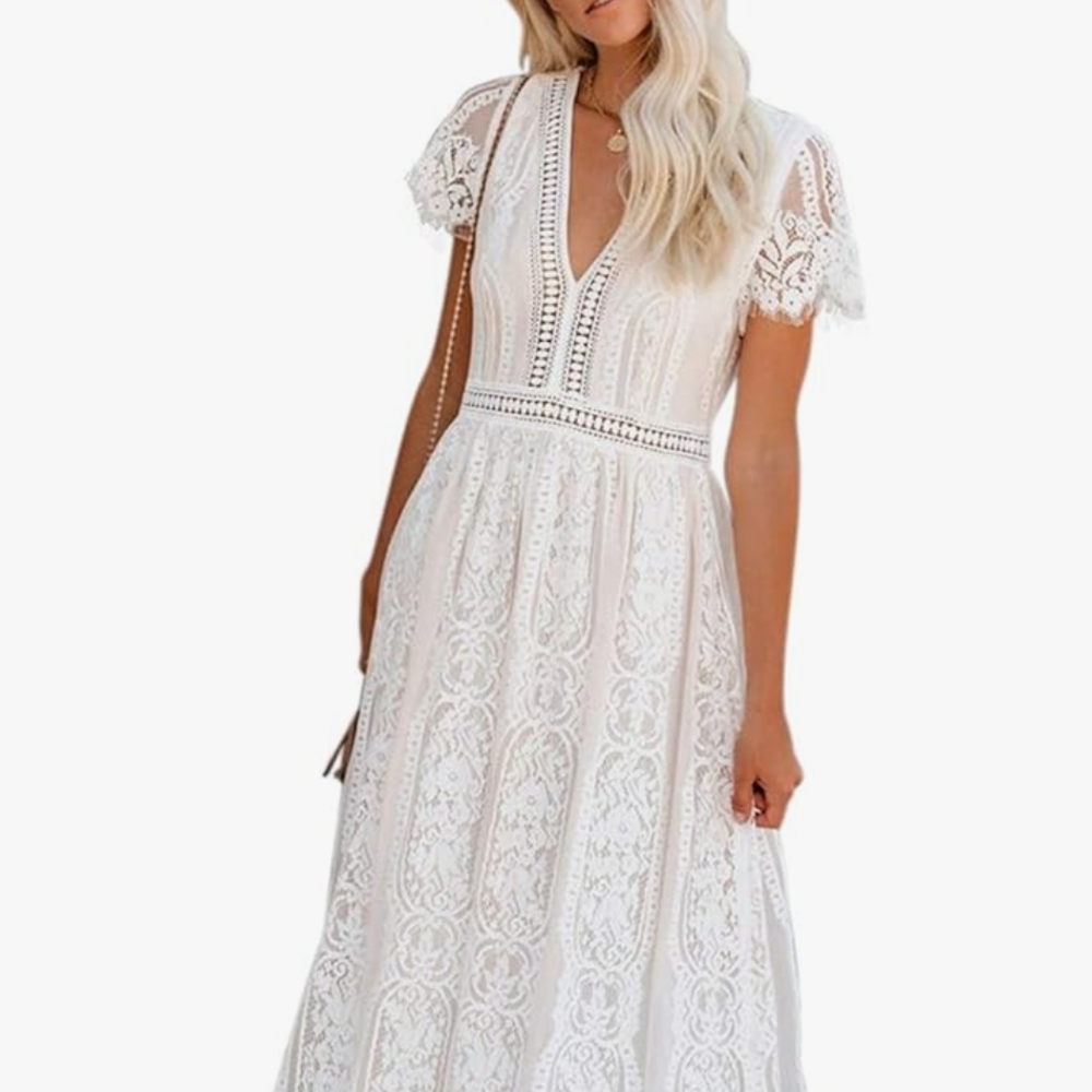 BLENCOT Womens Casual Floral Lace Deep V-Neck Short Sleeve Long White Dress (XL)